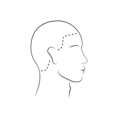 Head guidelines for barbershop, haircut salon. Human head icon. Lined male head in side view isolated on white background. Vector illustration