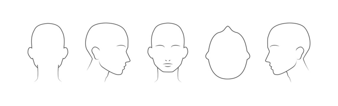 Head guidelines for barbershop, haircut salon, fashion. Lined human head in different angles isolated on white background. Set of human head icons. Vector illustration