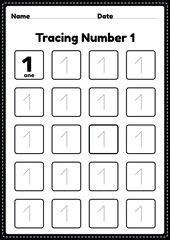Tracing number 1 worksheet for kindergarten and preschool kids for educational practice in a printable page.