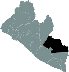 Black highlighted location map of the Liberian Grand Gedeh county inside gray map of the Republic of Liberia