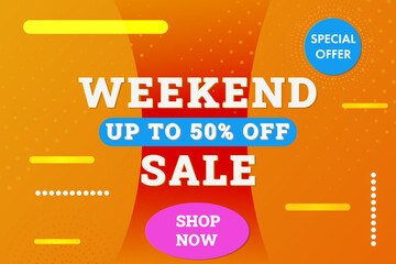 Weekend Sale horizontal banner background. Up to 50% off sale banner template for discount, business, advertisement, promotion. Blue,yellow color. Stock vector illustration.