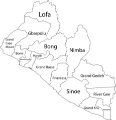 White vector map of the Republic of Liberia with black borders and names of its counties
