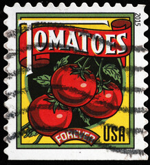 Label of tomatoes on american postage stamp