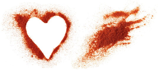 Pile of red paprika powder in shape heart isolated on white background, top view