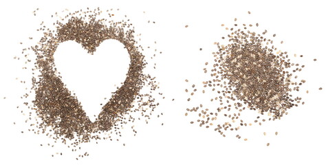 Chia seeds pile in shape heart isolated on white background and texture, top view