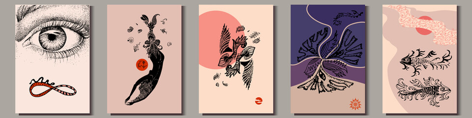 Set of artistic hand-drawn graphic posters. Eye and infinity symbol, mermaid, abstract images and fantasy fish. Vector Illustration