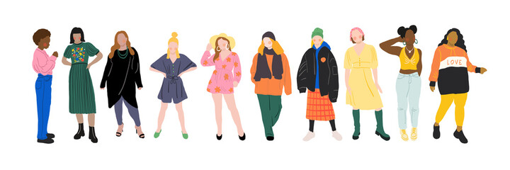 Set of diverse women characters vector illustration. female fashion. young trendy clothes girls.
