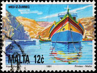 Typical Maltese boat on postage stamp
