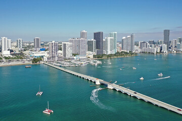 Fototapeta premium Aerial view of waterfront buildings on Intracoastal Waterway in Miami Florida.