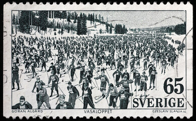 Cross-country ski race Vasaloppet on old swedish stamp