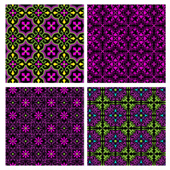 neon pink green ornate seamless tile patterns on black backgrounds