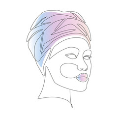 African woman in turban portrait line drawing. Abstract women face continuous line art with gradient shapes for prints, tattoos, posters, textiles, postcards. Vector illustration