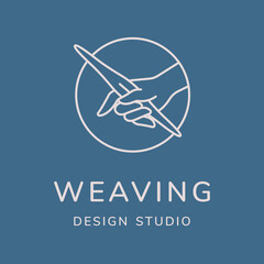 Weaving vector logo design. Line art minimal modern illustration. Hand with weaving shuttle.