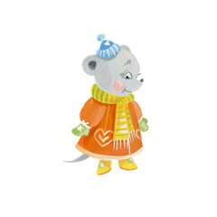 Cartoon mouse in winter clothes, gouache picture, hand-drawn.