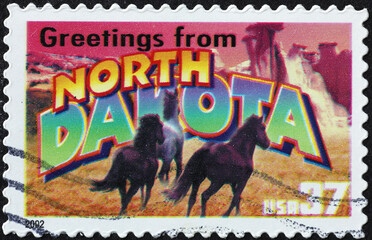Greetings from North Dakota postcard on stamp