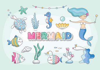 Cute mermaid, sea characters and plants set. Cartoon marine animals birthday collection for girls. Vector