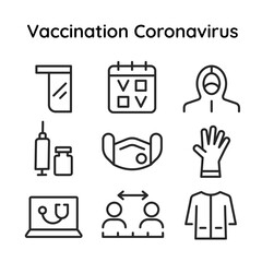 Vaccination coronavirus icons set. Keep your distance. PPE cover. Protective clothing mask, suit and gloves. Calendar with a double dose of vaccine shot. Online doctor. Editable stroke