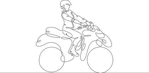 Offroad racing sport ATV with rider. One continuous drawing line  logo single hand drawn art doodle isolated minimal illustration.