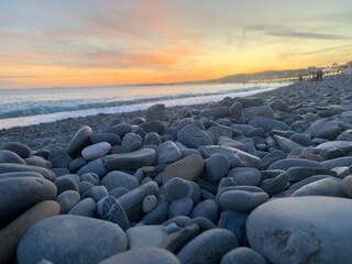 Sunset on the French Riviera (Cote d'Azur). Pebble beach. Nice