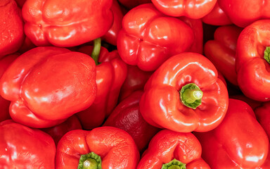 vivid red bell peppers top view closeup, natural, colorful pattern background
