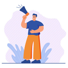 The guy shouts into the loudspeaker.The man is protesting.Person shouting through  megaphone.Promotion with megaphone. Social media marketing.Audience announcement on loudspeaker.