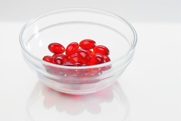 Krill oil capsules. Red gelatin capsules with krill oil in a glass transparent cup on a white background.Source of omega fatty acids.Dietary supplement .Healthy food.krill oil supplements