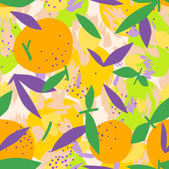 Mixed orange seamless pattern with abstract shapes. Artistic floral fruit illustration. Cut out paper design. Flat botanical background.