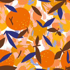 Naklejka premium Mixed orange seamless pattern with abstract shapes. Artistic floral fruit illustration. Cut out paper design. Flat botanical background.