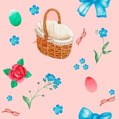 watercolor pattern, seamless pattern with basket, flowers, spring holiday, digital paper