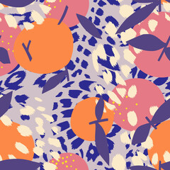 Fototapeta na wymiar Orange seamless pattern mixed with tiger leopard ornament. Artistic floral fruit illustration on animal skin print. Cut out paper design. Flat botanical background. Summer fashion design.