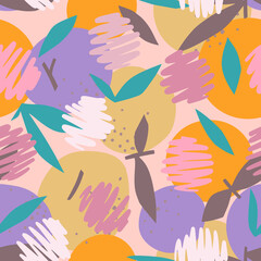 Orange seamless pattern mixed with polka dot circles. Artistic floral fruit illustration. Cut out paper design. Flat botanical background.