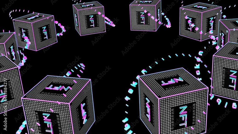 Poster rotating three-dimensional cube with the inscription nft. concept crypto art. 3d render