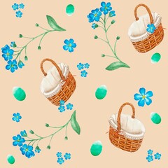 watercolor pattern, seamless pattern with basket, flowers, spring holiday, digital paper
