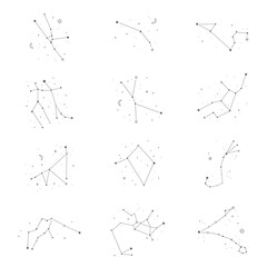 A set of icons of the zodiac constellations.Vector illustration of the starry sky.