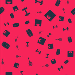 Set Tennis racket, Dumbbell, Hockey puck and Bathroom scales on seamless pattern. Vector