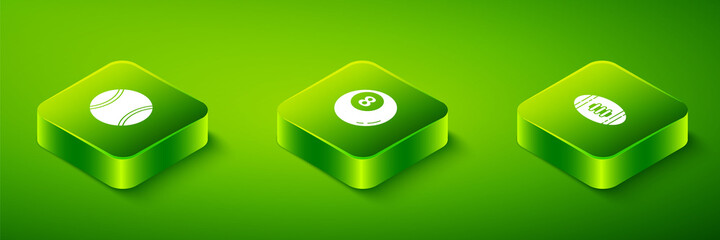 Set Isometric Billiard pool snooker ball, American Football and Tennis icon. Vector
