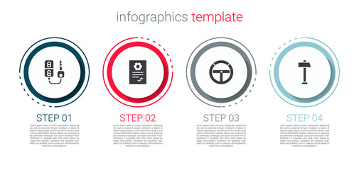 Set Car key with remote, Auto service check automotive, Steering wheel and Hammer. Business infographic template. Vector