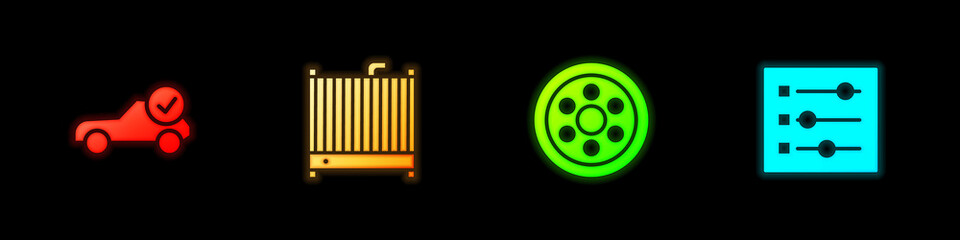 Set Auto service check automotive, Car radiator cooling system, Alloy wheel and settings icon. Vector