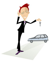 Cartoon auto dealer offers a key from the new car illustration
