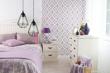 detailed horizontal, exclusive design modern purple bedroom interior design concept and modern lamp.