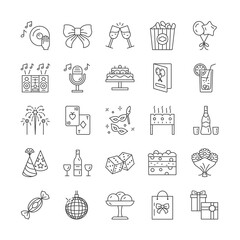 Large set of black and white line drawn party icons