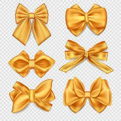 Set of six different gold ribbons tied as decorative bows