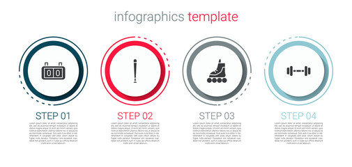 Set Sport mechanical scoreboard, Baseball bat, Roller skate and Dumbbell. Business infographic template. Vector