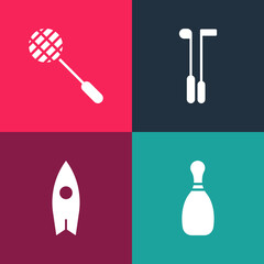 Set pop art Bowling pin, Surfboard, Golf club and Tennis racket icon. Vector