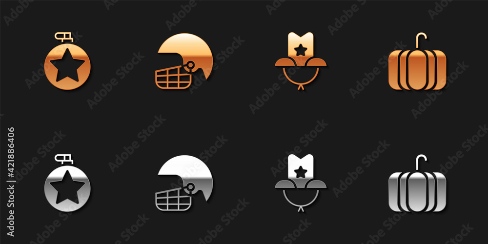 Sticker Set Canteen water bottle, American football helmet, Western cowboy hat and Pumpkin icon. Vector