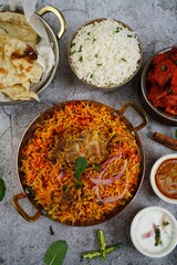 Indian meal buffet Background - Chicken Biryani chilli chicken butter Naan salad Salan