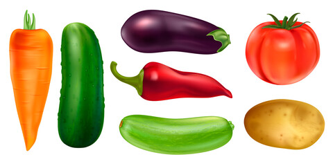 Large set of named colorful vegetables on white