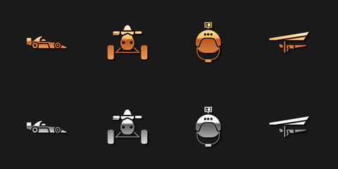 Set Formula 1 racing car, ATV motorcycle, Helmet and action camera and Hang glider icon. Vector