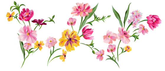 Botanical floral set. Hand drawn abstract meadow fantasy flowers collection isolated on white. Summer floral bouquets.