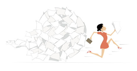 Businesswoman and papers or documents concept illustration. Businesswoman with papers and bag runs away from a big ball of papers isolated on white
